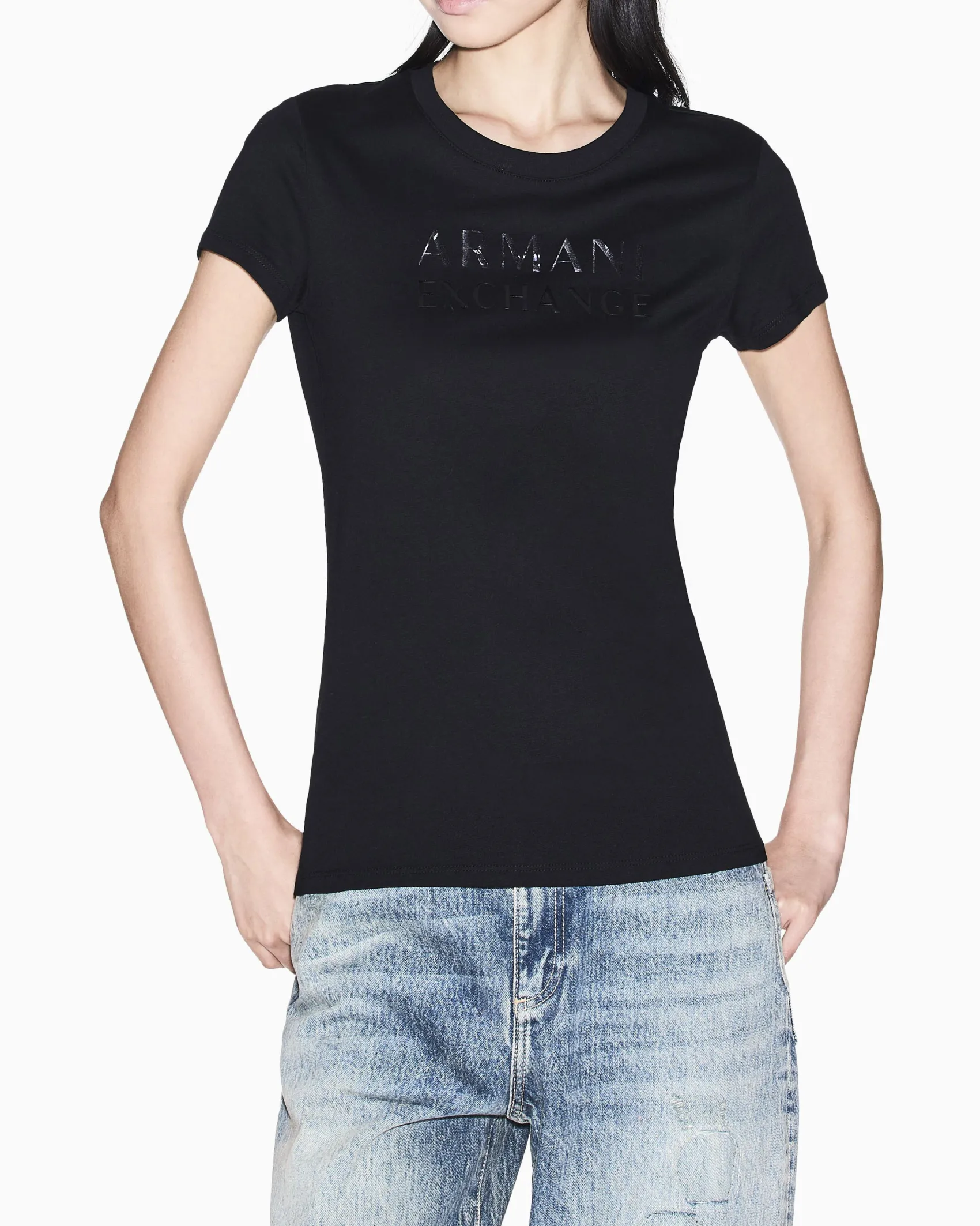 T-shirt Armani Exchange nera in cotone con logo in rilievo