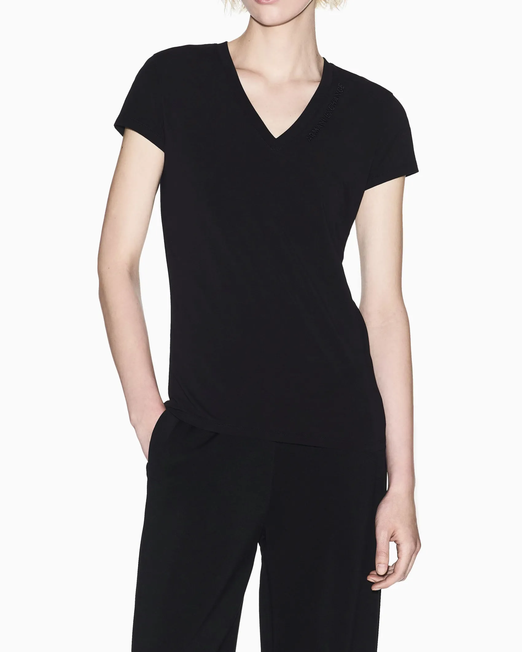 T-shirt Armani Exchange nera in jersey di cotone elasticizzato