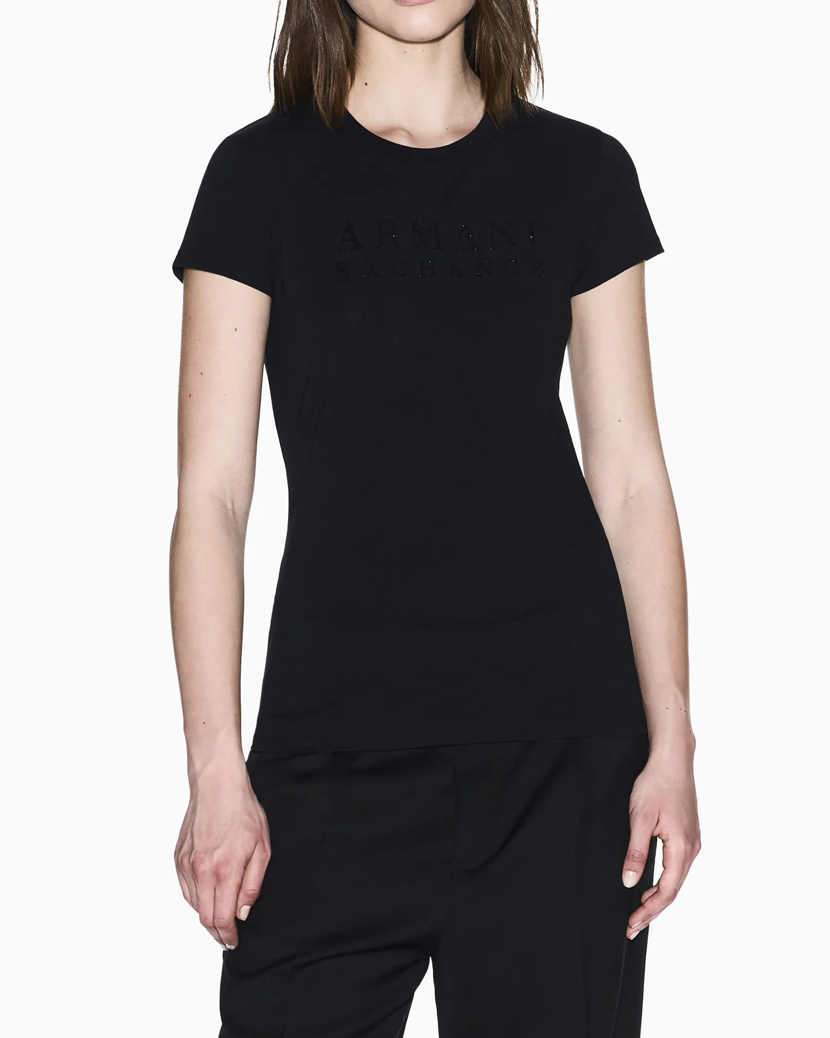T-shirt Armani Exchange nera in jersey di cotone elasticizzato con logo in rilievo
