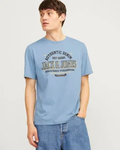 T-shirt azzurra regular-fit in puro cotone con stampa maxi logo frontale