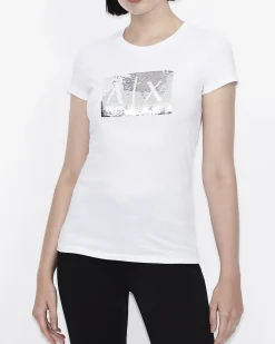 T-shirt bianca Armani Exchange in cotone con logo in paillettes reversibili nel color argento