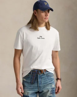 T-shirt bianca classic-fit mezza manica con logo scritta ricamato davanti