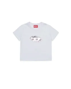 T-shirt bianca Diesel in puro cotone a maniche corte con logo in paillettes argento