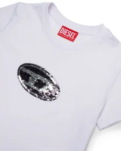 T-shirt bianca Diesel in puro cotone a maniche corte con logo in paillettes argento