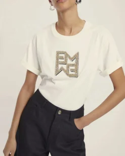 T-shirt bianca Emme Marella cropped in cotone con logo Emmegram in cristalli dorati applicati sul davanti