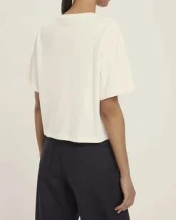 T-shirt bianca Emme Marella cropped in cotone con logo Emmegram in cristalli dorati applicati sul davanti