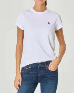 T-shirt bianca girocollo in cotone con logo blu ricamato
