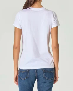 T-shirt bianca girocollo in cotone con logo blu ricamato