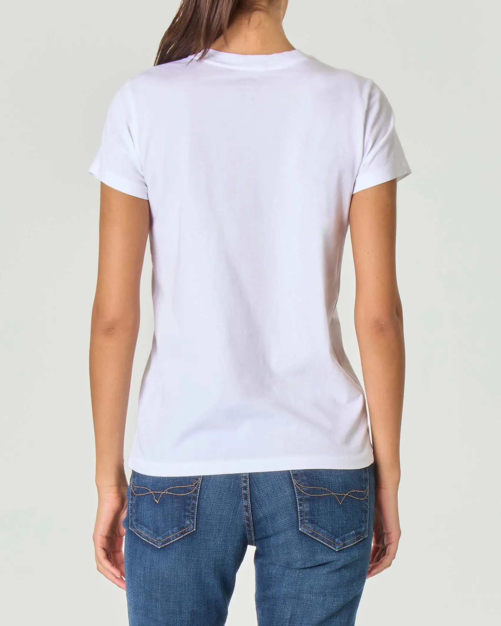 T-shirt bianca girocollo in cotone con logo blu ricamato