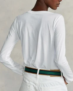 T-shirt bianca in cotone a maniche lunghe con scollo tondo e logo ricamato su petto