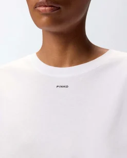 T-shirt bianca in cotone a maniche corte Pinko con mini logo stampato a contrasto sul petto