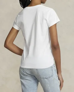 T-shirt bianca in cotone con scollo a V e logo blu ricamato