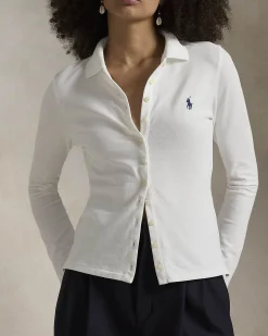 T-shirt bianca in piquè di cotone a maniche lunghe con bottoni e colletto a camicia