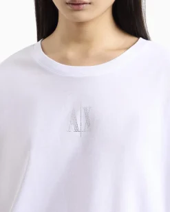 T-shirt bianca relaxed-fit in jersey di puro cotone con logo piccolo in strass centrale sul petto