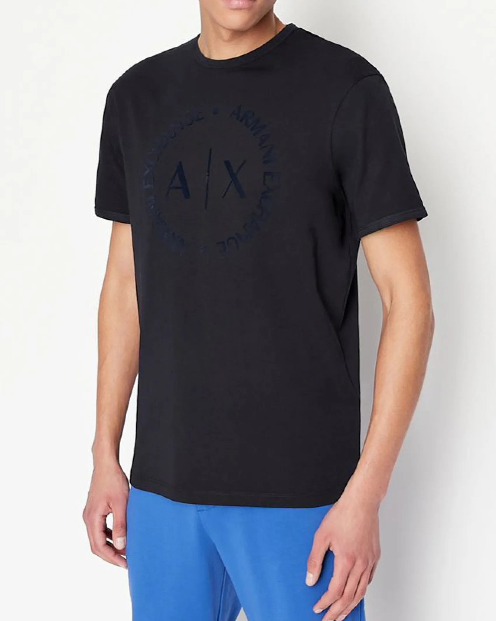 T-shirt blu a mezza manica con logo ricamato tono su tono