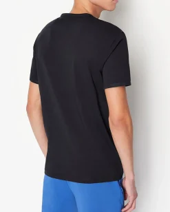 T-shirt blu a mezza manica con logo ricamato tono su tono