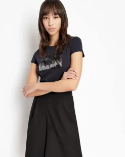 T-shirt blu Armani Exchange in cotone con logo in paillettes reversibili nel color argento