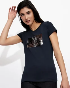 T-shirt blu Armani Exchange in cotone con logo in paillettes reversibili nel color argento