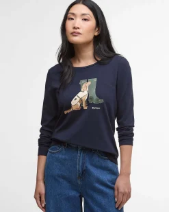 T-shirt blu Barbour in cotone stretch con stampa cane e stivali per la piogga