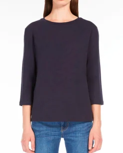 T-shirt blu in jersey di cotone stretch con maniche a tre quarti