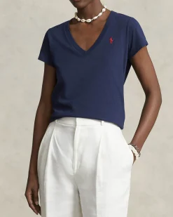 T-shirt blu nvy in cotone con scollo a V e logo rosso ricamato