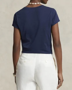 T-shirt blu nvy in cotone con scollo a V e logo rosso ricamato