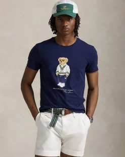 T-shirt blu Polo Ralph Lauren custom slim-fit in puro cotone con Polo Bear stampato sul petto