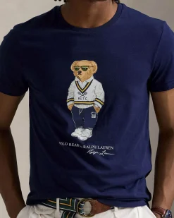 T-shirt blu Polo Ralph Lauren custom slim-fit in puro cotone con Polo Bear stampato sul petto