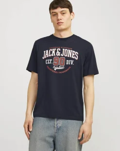 T-shirt blu regular-fit in puro cotone con stampa maxi logo frontale