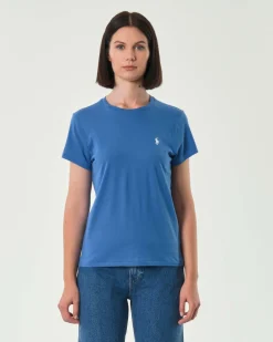 T-shirt bluette Polo Ralph Laure in cotone con scollo tondo e logo bianco ricamato