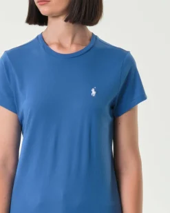 T-shirt bluette Polo Ralph Laure in cotone con scollo tondo e logo bianco ricamato