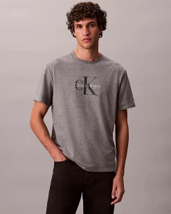 T-shirt Calvin Klein Jeans grigia in cotone con logo monogramma stampato frontale
