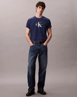 T-shirt Calvin Klein Jeans blu in cotone con logo monogramma stampato frontale