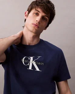 T-shirt Calvin Klein Jeans blu in cotone con logo monogramma stampato frontale