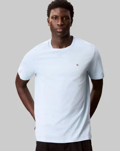 T-shirt Calvin Klein Jeans azzurra in cotone con logo ricamato sul petto