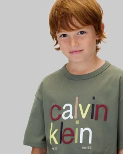 T-shirt Calvin Klein verde oliva in puro cotone con scritta logo multicolor