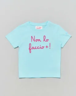 T-shirt color acqua in cotone a maniche corte con scritta 'Non lo faccio +!' fucsia