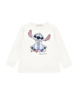 T-Shirt color avorio Monnalisa a maniche lunghe con stampa Stitch e strass fronte e retro