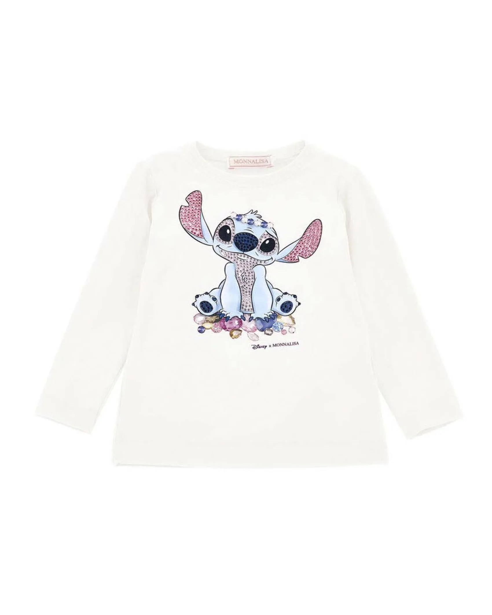 T-Shirt color avorio Monnalisa a maniche lunghe con stampa Stitch e strass fronte e retro