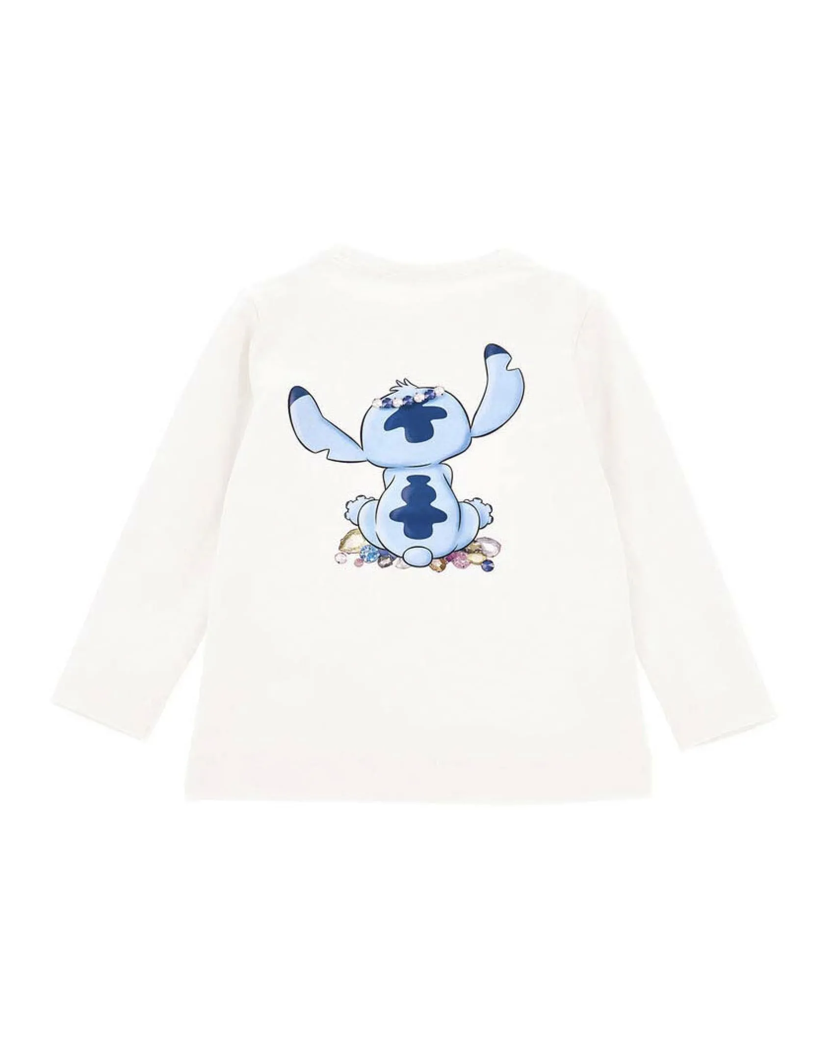 T-Shirt color avorio Monnalisa a maniche lunghe con stampa Stitch e strass fronte e retro