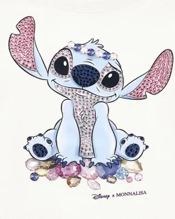 T-Shirt color avorio Monnalisa a maniche lunghe con stampa Stitch e strass fronte e retro