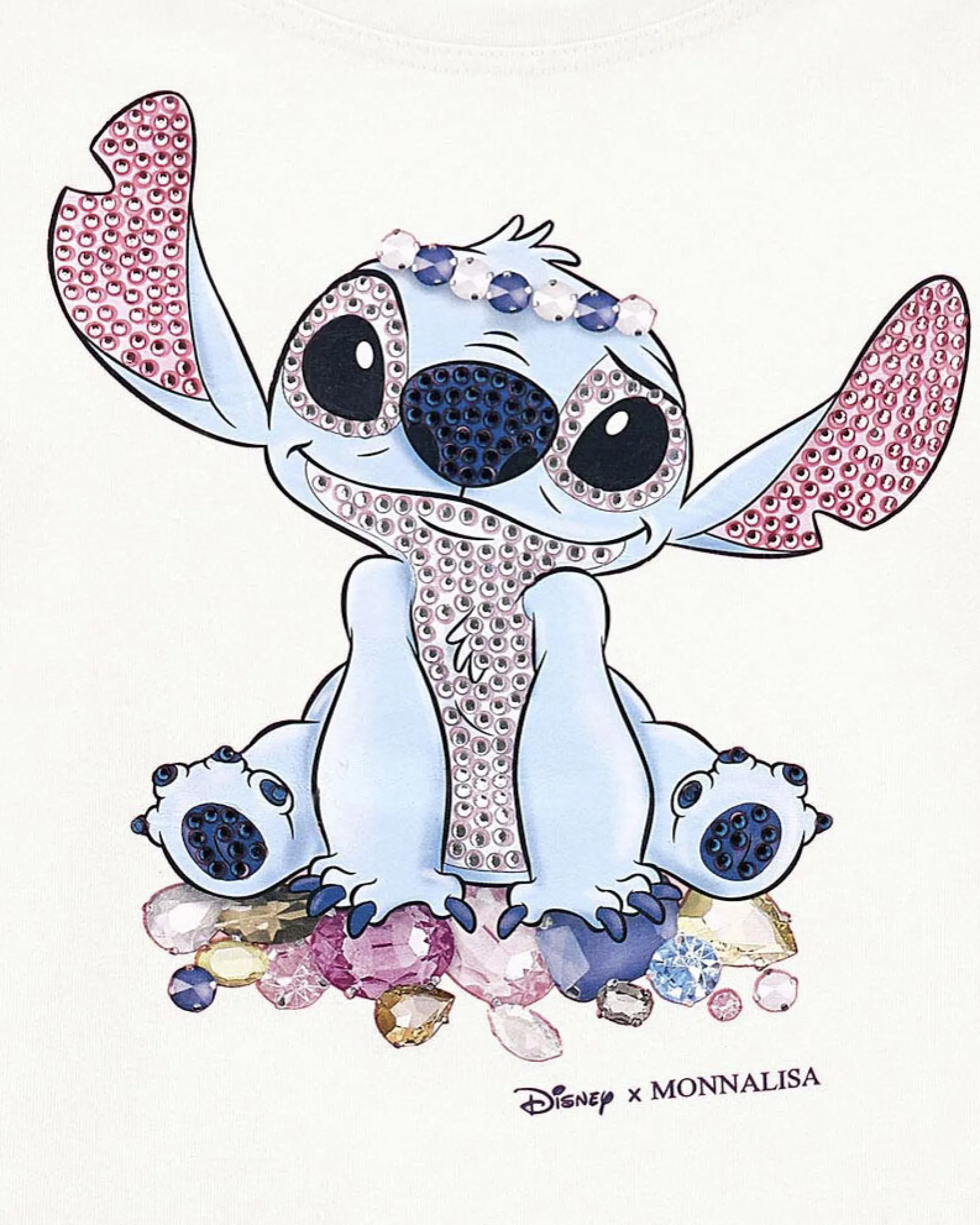 T-Shirt color avorio Monnalisa a maniche lunghe con stampa Stitch e strass fronte e retro