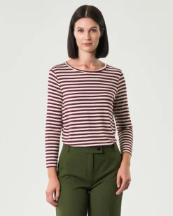 T-shirt color panna a righe bordeaux Emme Marella a maniche lunghe in viscosa stretch