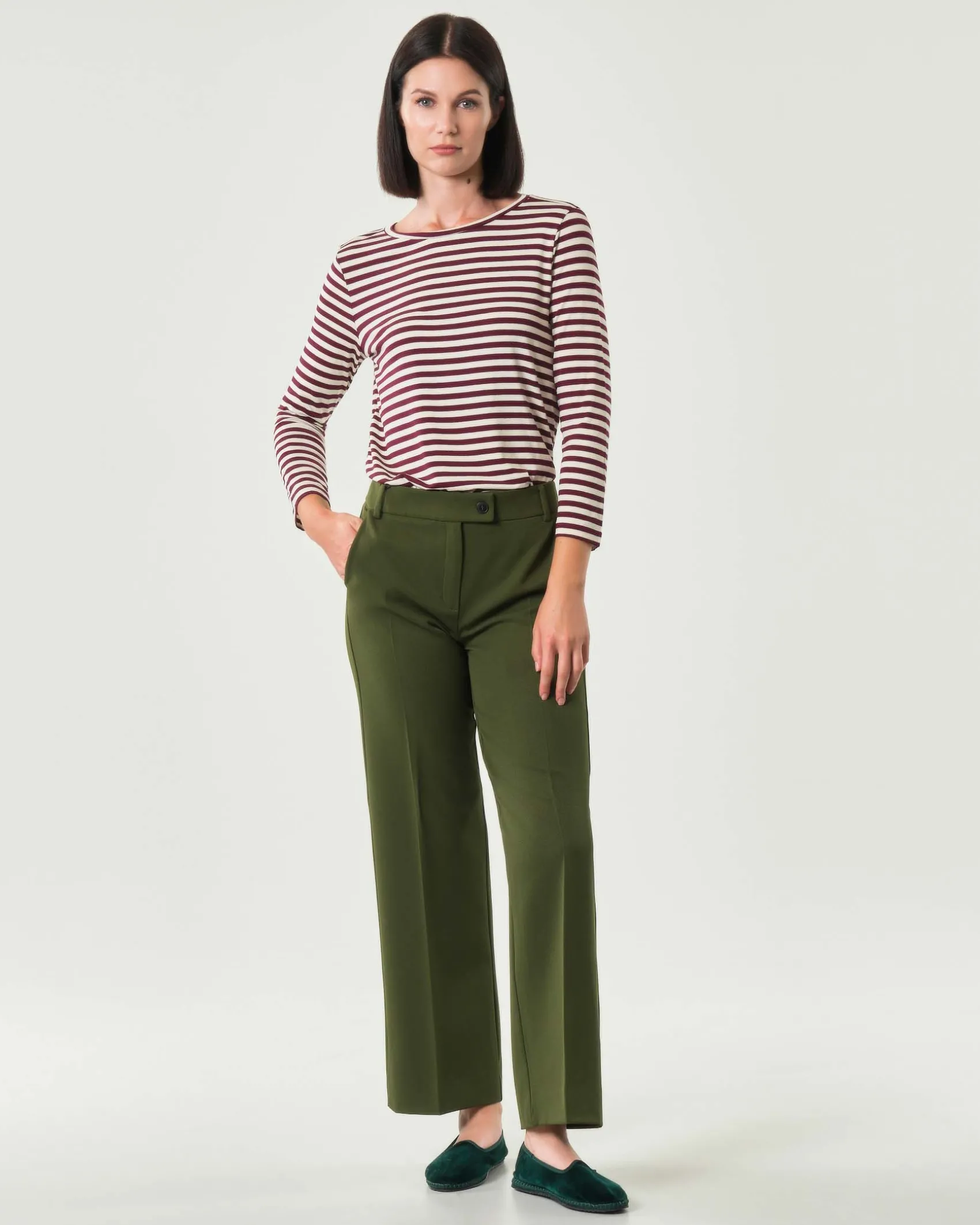 T-shirt color panna a righe bordeaux Emme Marella a maniche lunghe in viscosa stretch