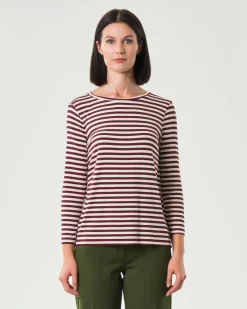 T-shirt color panna a righe bordeaux Emme Marella a maniche lunghe in viscosa stretch