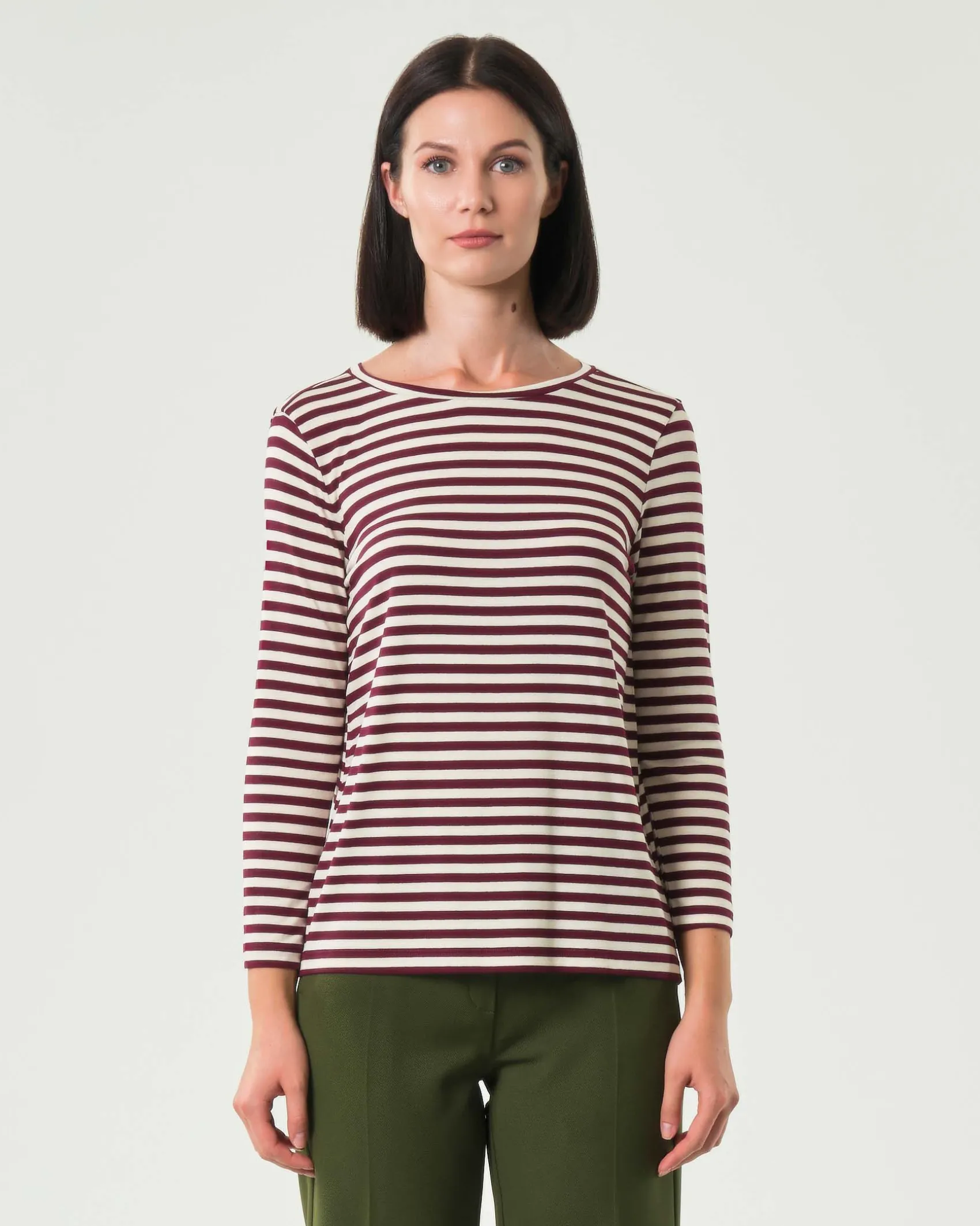 T-shirt color panna a righe bordeaux Emme Marella a maniche lunghe in viscosa stretch