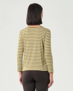 T-shirt color panna a righe verde oliva Emme Marella a maniche lunghe in viscosa stretch