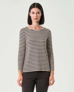 T-shirt color panna a righe marroni Emme Marella a maniche lunghe in viscosa stretch
