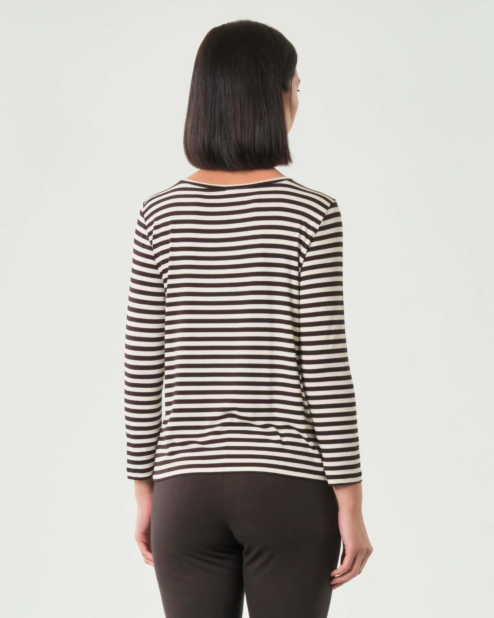 T-shirt color panna a righe marroni Emme Marella a maniche lunghe in viscosa stretch