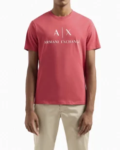 T-shirt corallo in cotone con logo AX stampato in contrasto sul petto